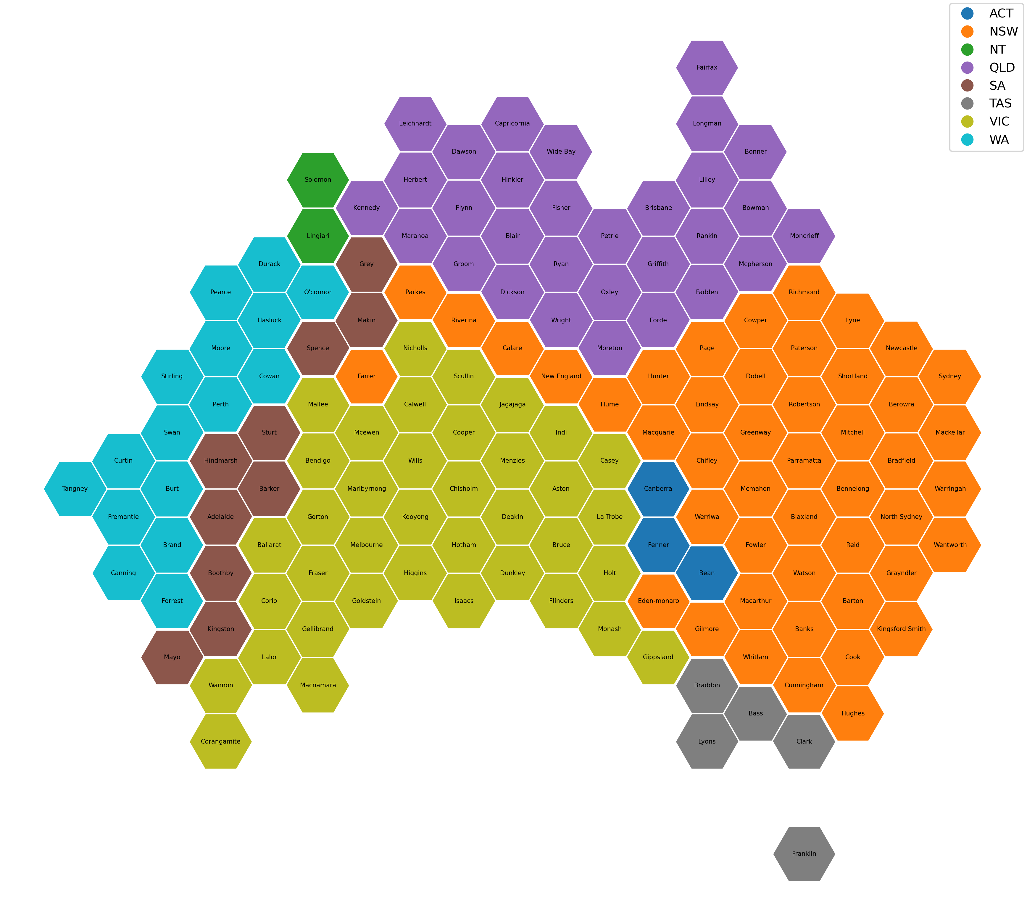 Plot of Australia's's electorates as equal area hexagons.